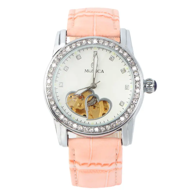 Round Classic Mechanical Analog Watch Love Heart Groove Hollow Design Crystal Dial Pu Band Casual Wristwatch Relojes Mujer 5