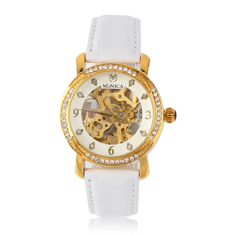 Round Classic Mechanical Analog Watch World Hollow Clover Dial Design Pu Band Relogio Feminino 1