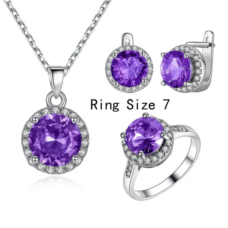 Round Cutting Purple Stone Pendant Necklace Earrings And Ring Set For H140 1