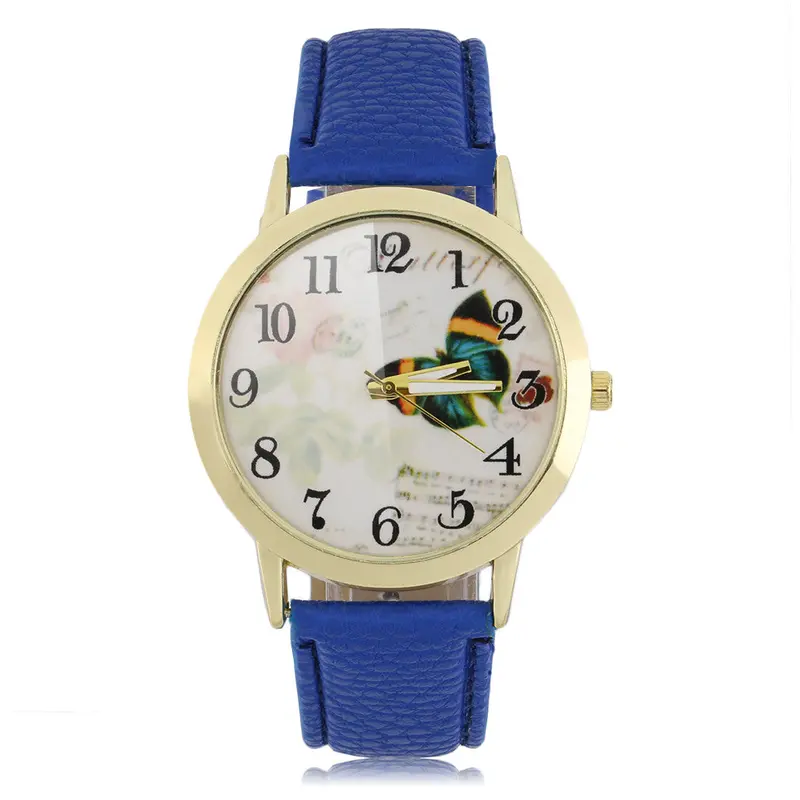 Round Dial Butterfly Patternlady Pu Leather Band Quartz Wrist Watch 1