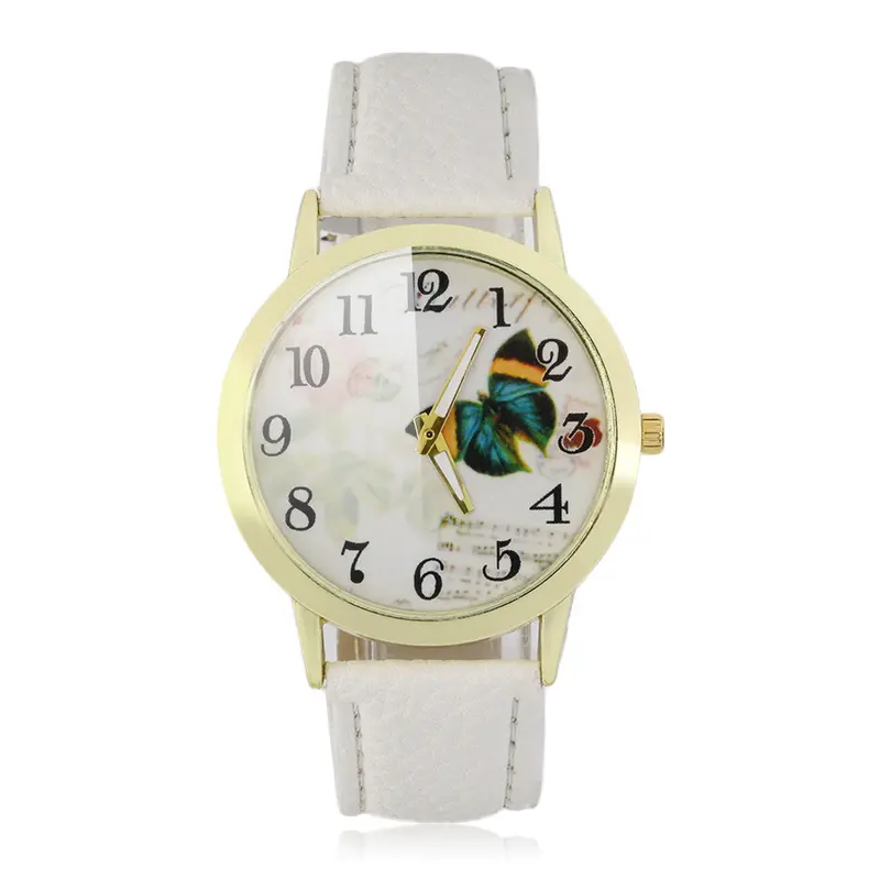 Round Dial Butterfly Patternlady Pu Leather Band Quartz Wrist Watch 2