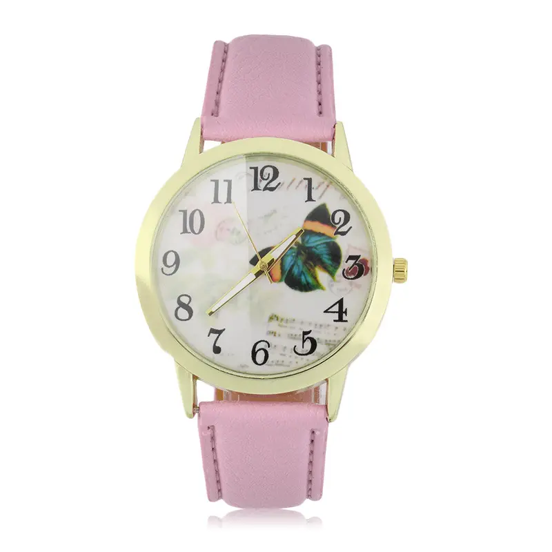 Round Dial Butterfly Patternlady Pu Leather Band Quartz Wrist Watch 3
