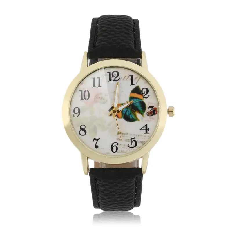 Round Dial Butterfly Patternlady Pu Leather Band Quartz Wrist Watch 4