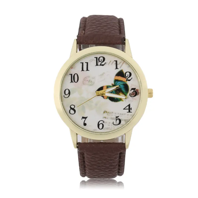 Round Dial Butterfly Patternlady Pu Leather Band Quartz Wrist Watch 5