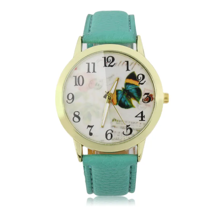 Round Dial Butterfly Patternlady Pu Leather Band Quartz Wrist Watch 6