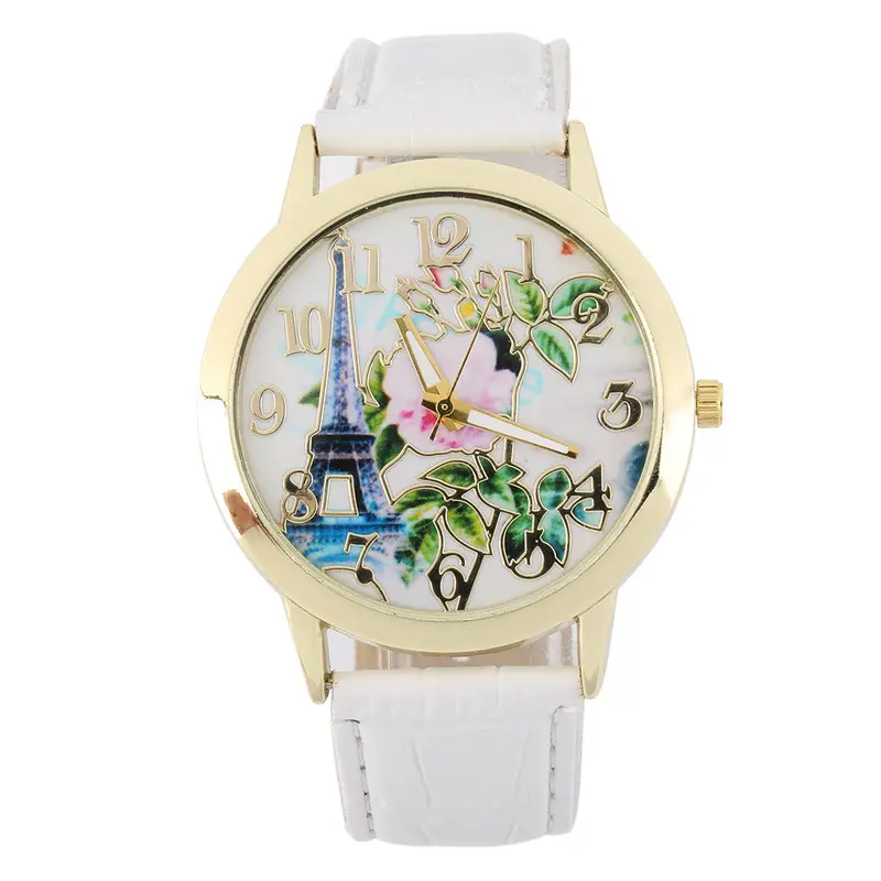 Round Dial Rose And Tower Patternpu Leather Band Quartz Wrist Watch 1