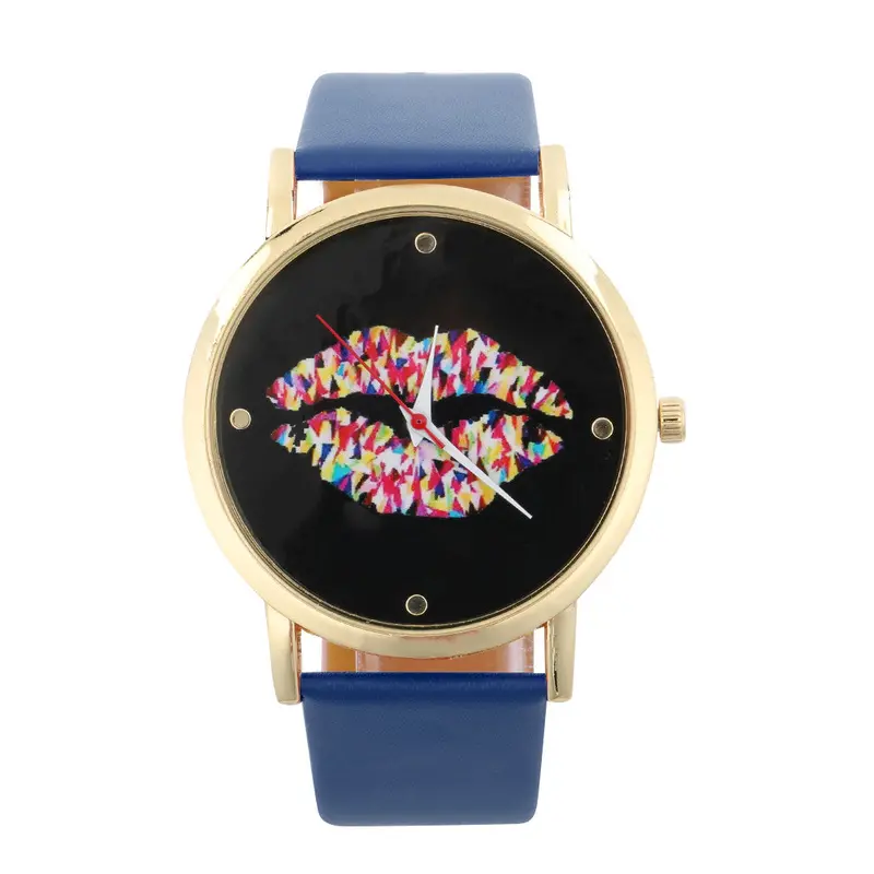 Round Dial Sexy Lip Patternlady Pu Leather Band Quartz Wrist Watch 1