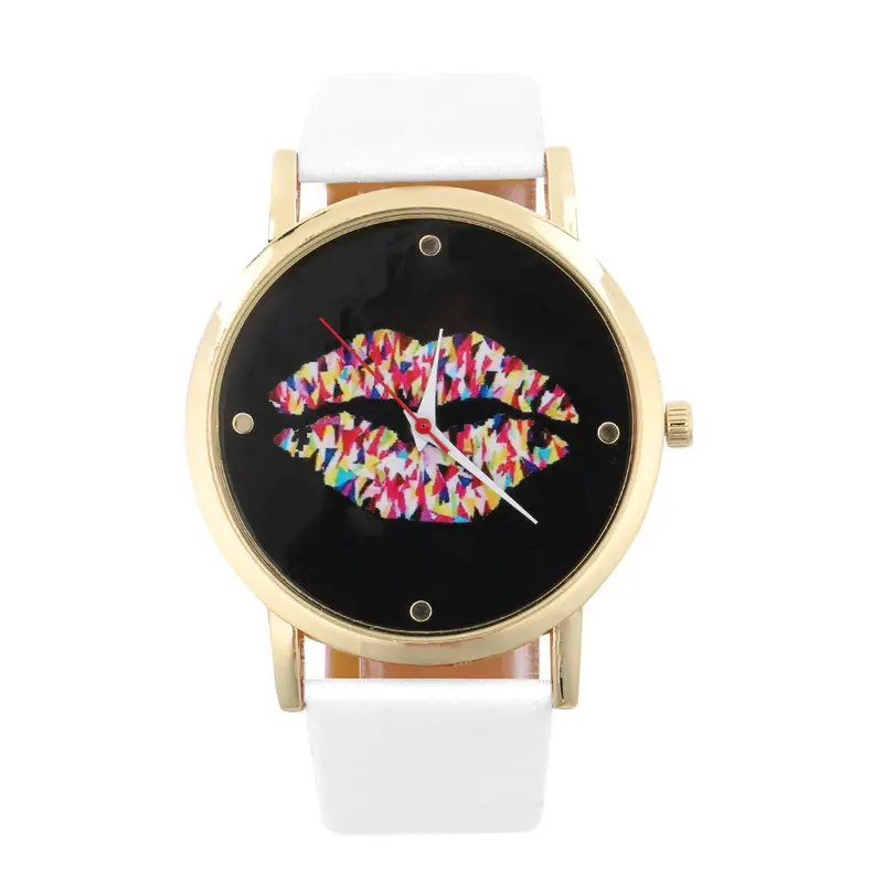 Round Dial Sexy Lip Patternlady Pu Leather Band Quartz Wrist Watch 2