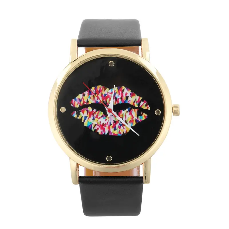 Round Dial Sexy Lip Patternlady Pu Leather Band Quartz Wrist Watch 3
