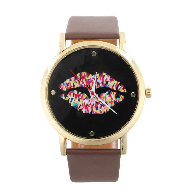 Round Dial Sexy Lip Patternlady Pu Leather Band Quartz Wrist Watch 4