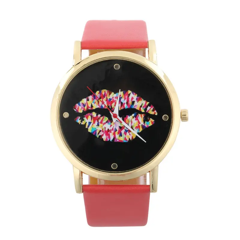 Round Dial Sexy Lip Patternlady Pu Leather Band Quartz Wrist Watch 5