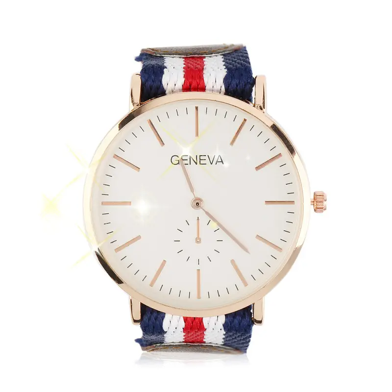 Round Quartz Wrist Watch Colored Stripe Watchband Leather And Nylon Stitching Strap No Numbers Relogio Masculino 1