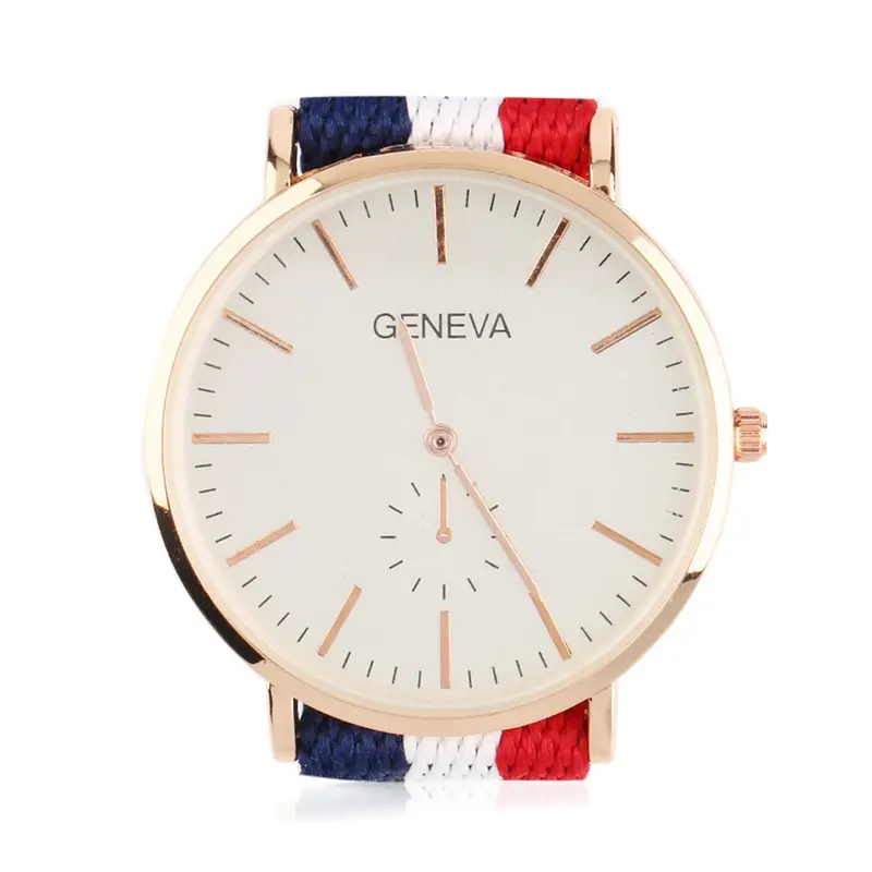 Round Quartz Wrist Watch Colored Stripe Watchband Leather And Nylon Stitching Strap No Numbers Relogio Masculino 2