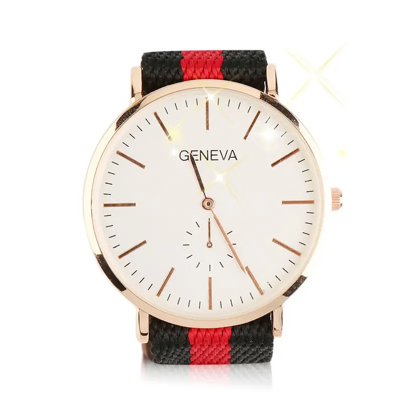 Round Quartz Wrist Watch Colored Stripe Watchband Leather And Nylon Stitching Strap No Numbers Relogio Masculino 3
