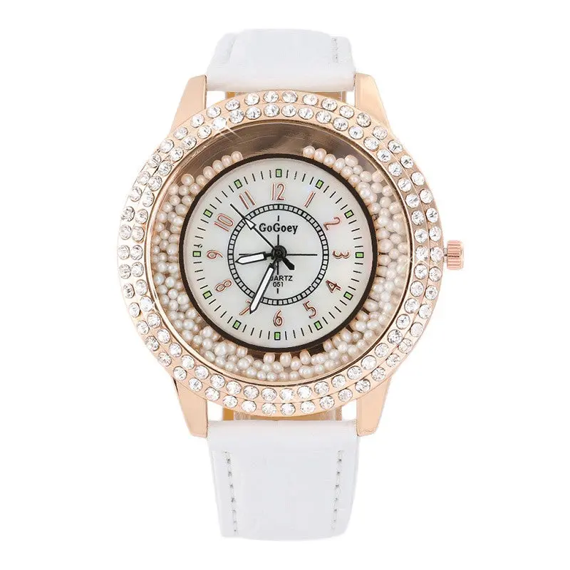 Roundpu Leather Band Simulate Diamond Pearl Quartz Wrist Watch 1