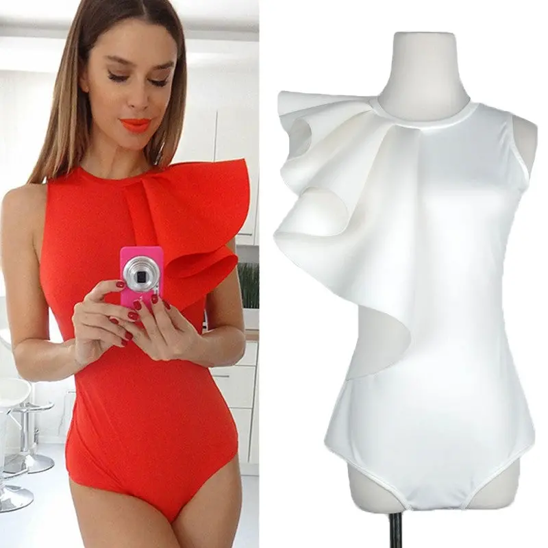 Ruffle Body Top Womens Sexy Bodysuit Black White Back Zipper Shorts Jumpsuit Sleeveless Tight Top Blouses 1