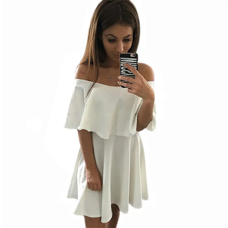 Ruffle Off Shoulder Dress Sexy Slash Neck Dress Black White Pink Beach Party Dresses For Women 4