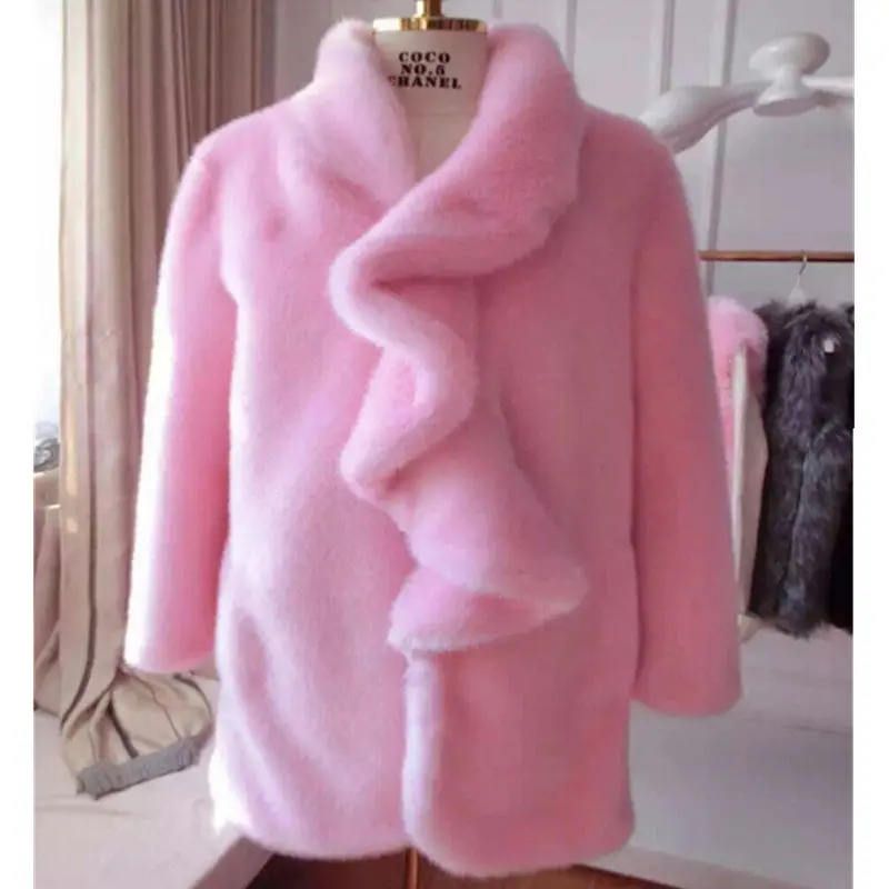 Ruffles Collar Irregular Hairy Shaggy Faux Mink Fur Coat Furry Warm Long Faux Fur Jacket Outwear Overcoat Pink White 1