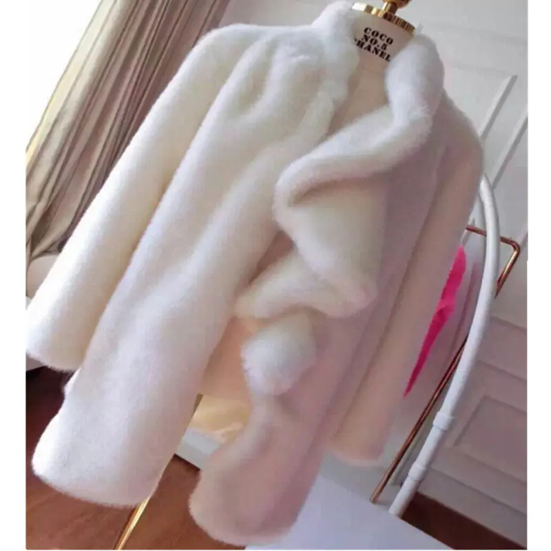 Ruffles Collar Irregular Hairy Shaggy Faux Mink Fur Coat Furry Warm Long Faux Fur Jacket Outwear Overcoat Pink White 5