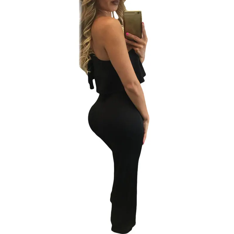 Ruffles One Shoulder Black Wide Leg Jumpsuits For Overalls Backless Romper Elegant Jumpsuit Long Pants 4