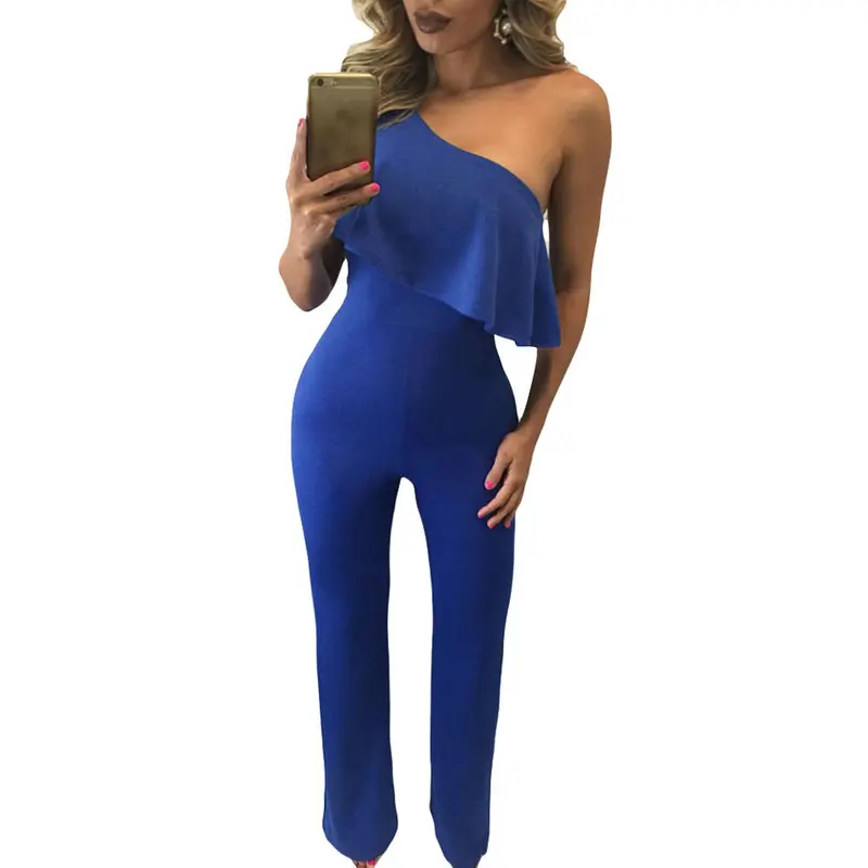 Ruffles One Shoulder Black Wide Leg Jumpsuits For Overalls Backless Romper Elegant Jumpsuit Long Pants 5