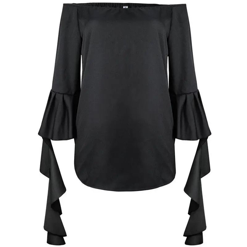 Ruffles Sleeve Women Blouse Black White Sexy Off Shoulder Top Women's Shirt Loose Slash Neck Shirts And Blouses 1