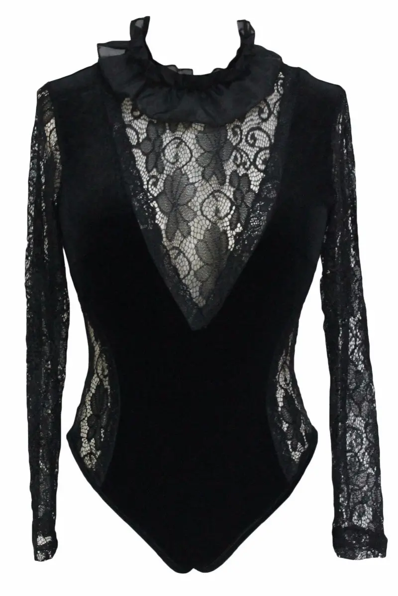 Ruffles Stitching Turtleneck Floral Lace Bodysuit Jumpsuit Romper Backless Black Long Sleeve Sexy Bodysuit Thong 3289 3