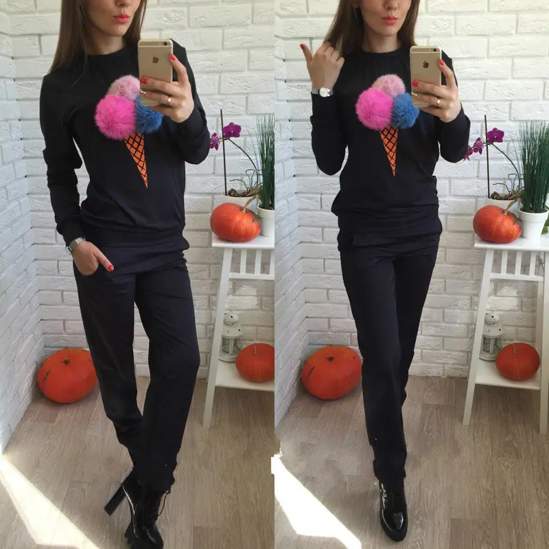 Russian Women Sweatshirt Hoodies Suits Puffer Ball Print Ice Cream Hair Plush Ball Casual Women Sweatshirt 2 Pieces Set Gv400 1