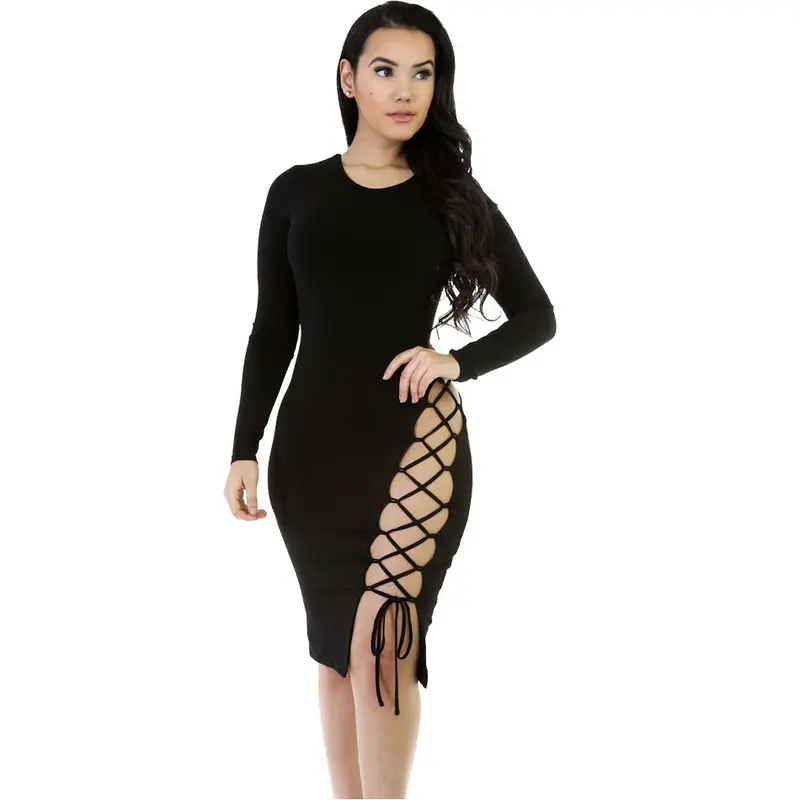 S Black Midi Dress Bodycon Long Sleeve Sexy Dress Club Wear Bandage Hollow Out Party Night Club Dress 1