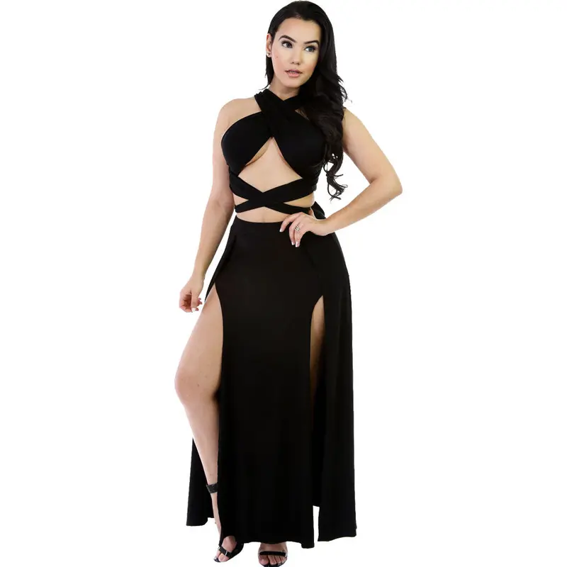 S Black Two Piece Party Dresses Long Bandage Dress Celebrity Dress Spaghetti Strap Long Maxi Dress 1
