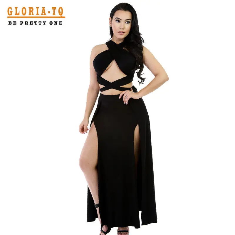 S Black Two Piece Party Dresses Long Bandage Dress Celebrity Dress Spaghetti Strap Long Maxi Dress 3