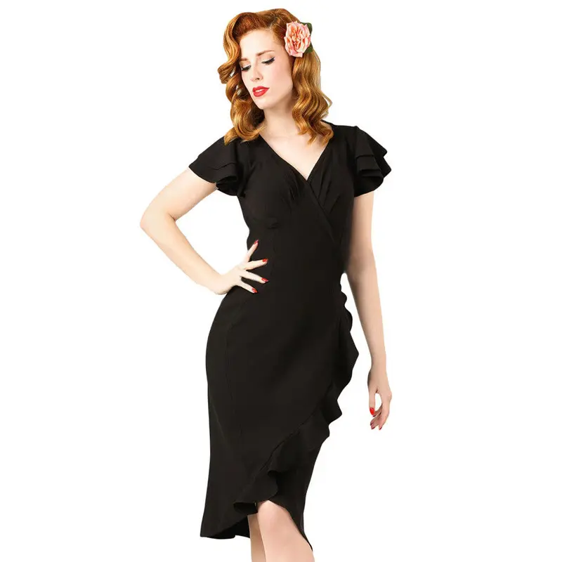 S Cascading Ruffle Bud Elegant Dress Tunic Black Midi Pencil Dresses For Evening Short Party Dress 1