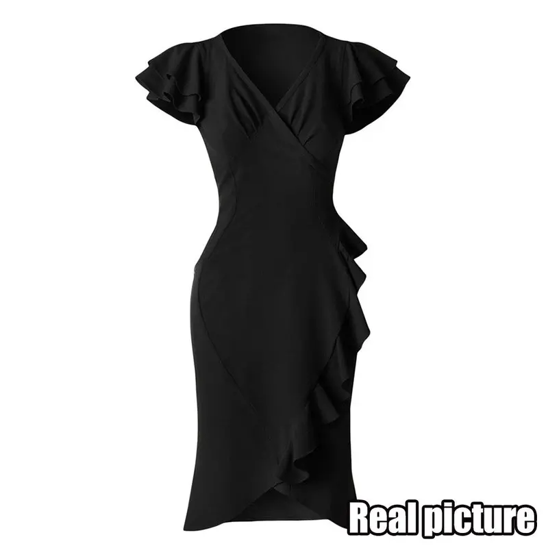 S Cascading Ruffle Bud Elegant Dress Tunic Black Midi Pencil Dresses For Evening Short Party Dress 7