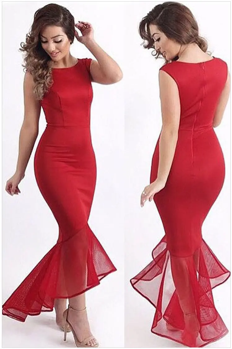 S Curvy Lines Tulle Fishtail Red Long Dress Party Evening Elegant Dress Sleeveless Floor Length Bodycon Mermaid Dress 3