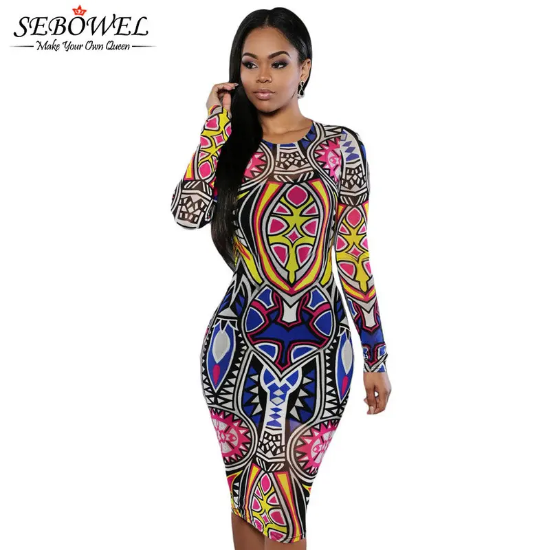 S Dress Casual Long Sleeve Bodycon Dashiki Dress Knee Length African Print Dresses 60942 3