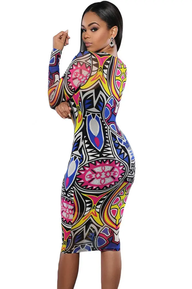 S Dress Casual Long Sleeve Bodycon Dashiki Dress Knee Length African Print Dresses 60942 4