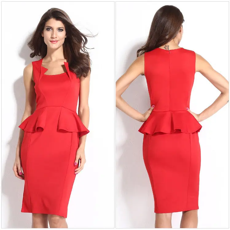 S Elegant Dresses For Party Knee Length Ruffles Red Short Formal Dresses Tight Office Dress For Wo 10