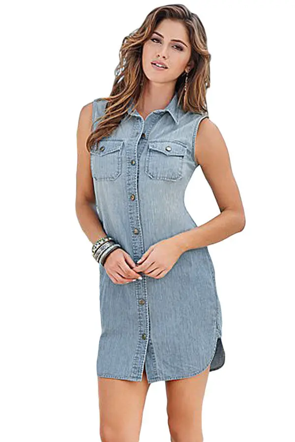 S Front Bottom Blue Sleeveless Long Denim Shirt Dress Casual Mini Dress Denim Dress Ladies Jeans 1