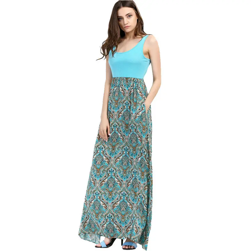 S Green Floral Print Maxi Dresses Long Casual Beach Dress Sleeveless Long Dress C1602 1