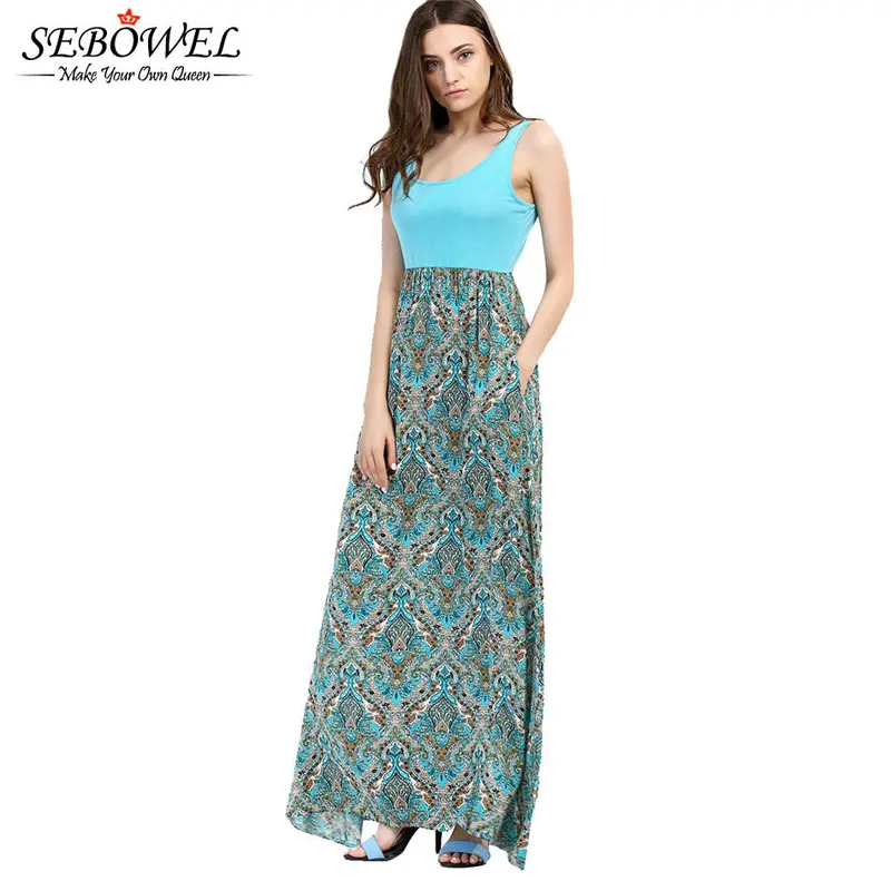 S Green Floral Print Maxi Dresses Long Casual Beach Dress Sleeveless Long Dress C1602 2