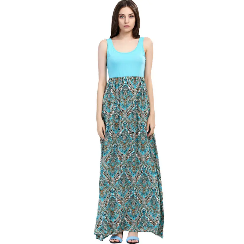 S Green Floral Print Maxi Dresses Long Casual Beach Dress Sleeveless Long Dress C1602 3