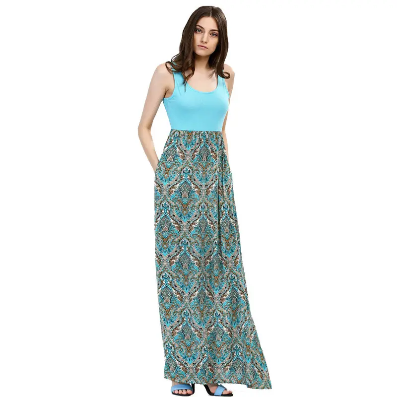 S Green Floral Print Maxi Dresses Long Casual Beach Dress Sleeveless Long Dress C1602 4