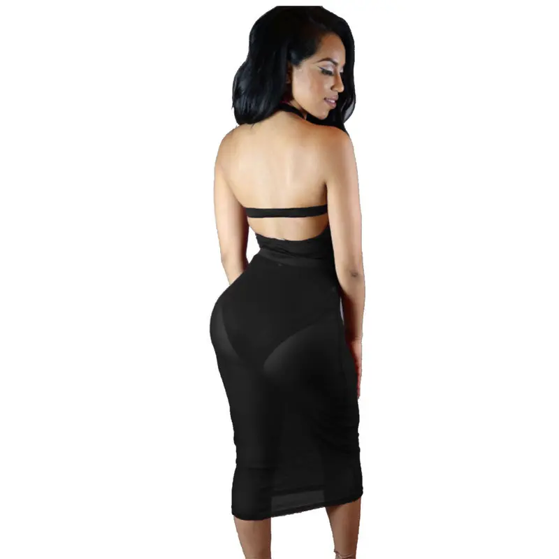 S Halter Blackred Bodycon Bandage Dress Sexy Party Night Club Dress Knee Length Transparent Dress 64013 4