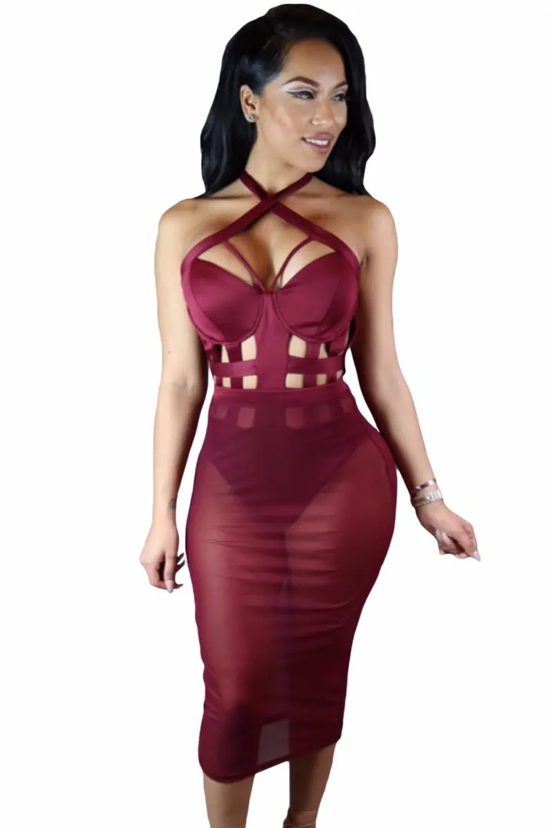 S Halter Blackred Bodycon Bandage Dress Sexy Party Night Club Dress Knee Length Transparent Dress 64013 5
