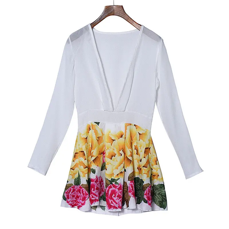 S/M/L/Xl Clothes China Women Chiffon Long Sleeve Party Flower Print Casual Dress Mini Dress 1