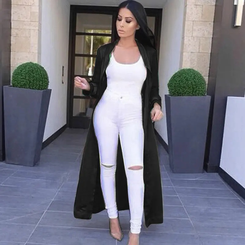 S/M/L/Xl Women's Sexy Windbreaker Casual Long Sleeve V-Neckline Solid Long Coat Blusa 1