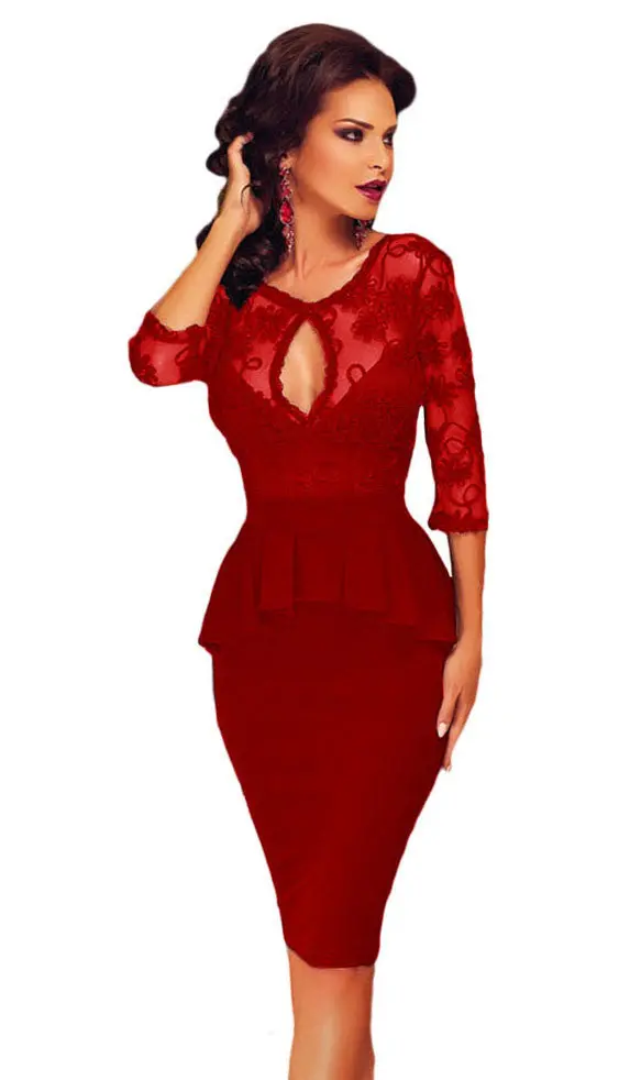 S Shaped Curve Floral Lace Half Sleeve Stitching Knee Length Peplum Dress Backless Hollow Out Club Party Sexy Bodycon Dress 1