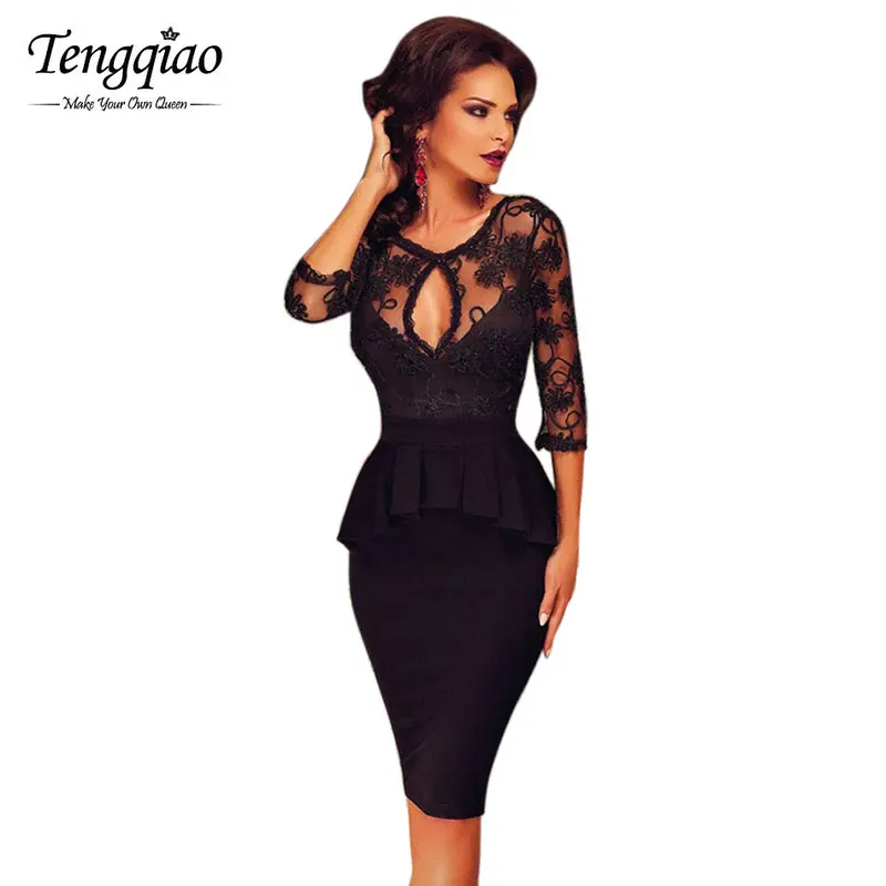 S Shaped Curve Floral Lace Half Sleeve Stitching Knee Length Peplum Dress Backless Hollow Out Club Party Sexy Bodycon Dress 5