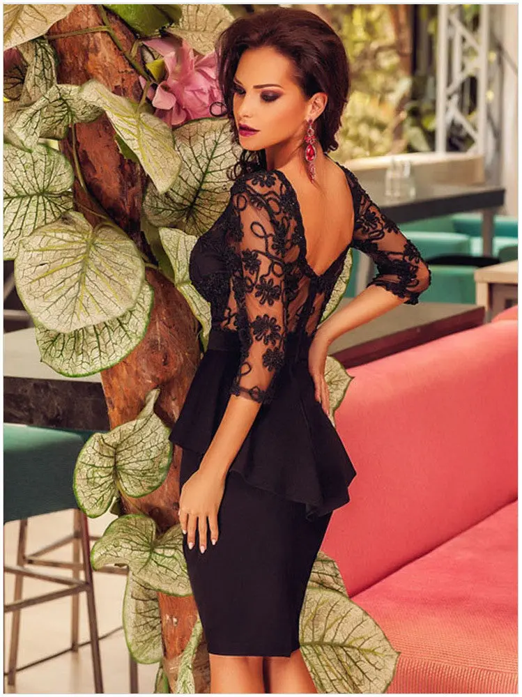 S Shaped Curve Floral Lace Half Sleeve Stitching Knee Length Peplum Dress Backless Hollow Out Club Party Sexy Bodycon Dress 6