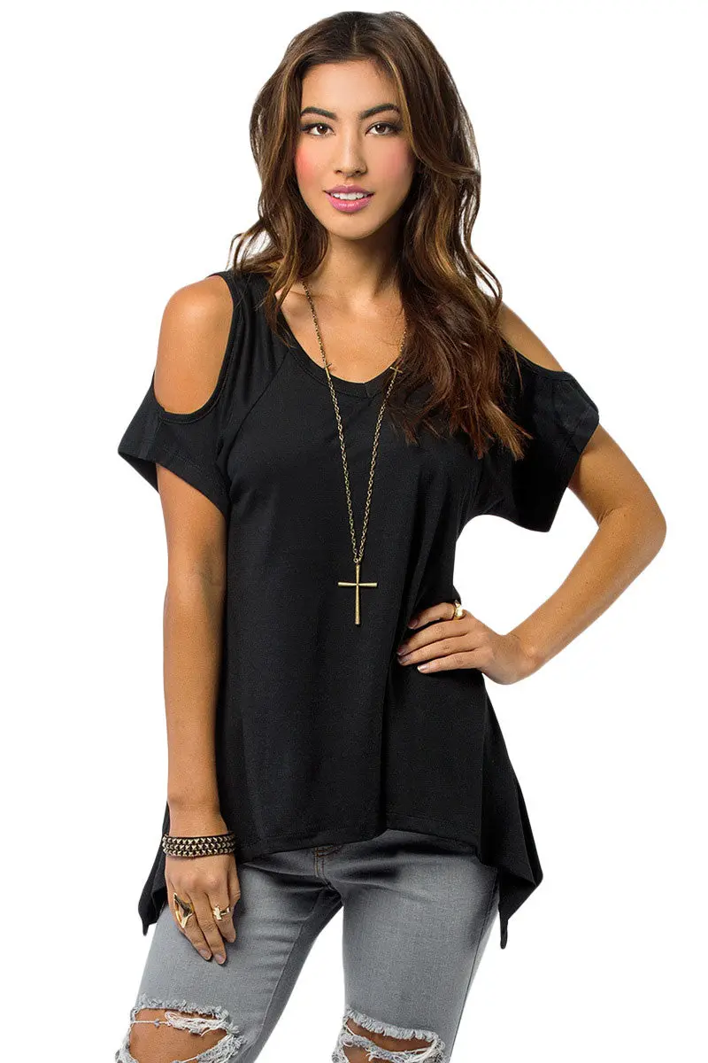 S-Xxl Black Off The Shoulder Tops For Casual T Shirt Plus Size Hollow Out Large Size Loose 5